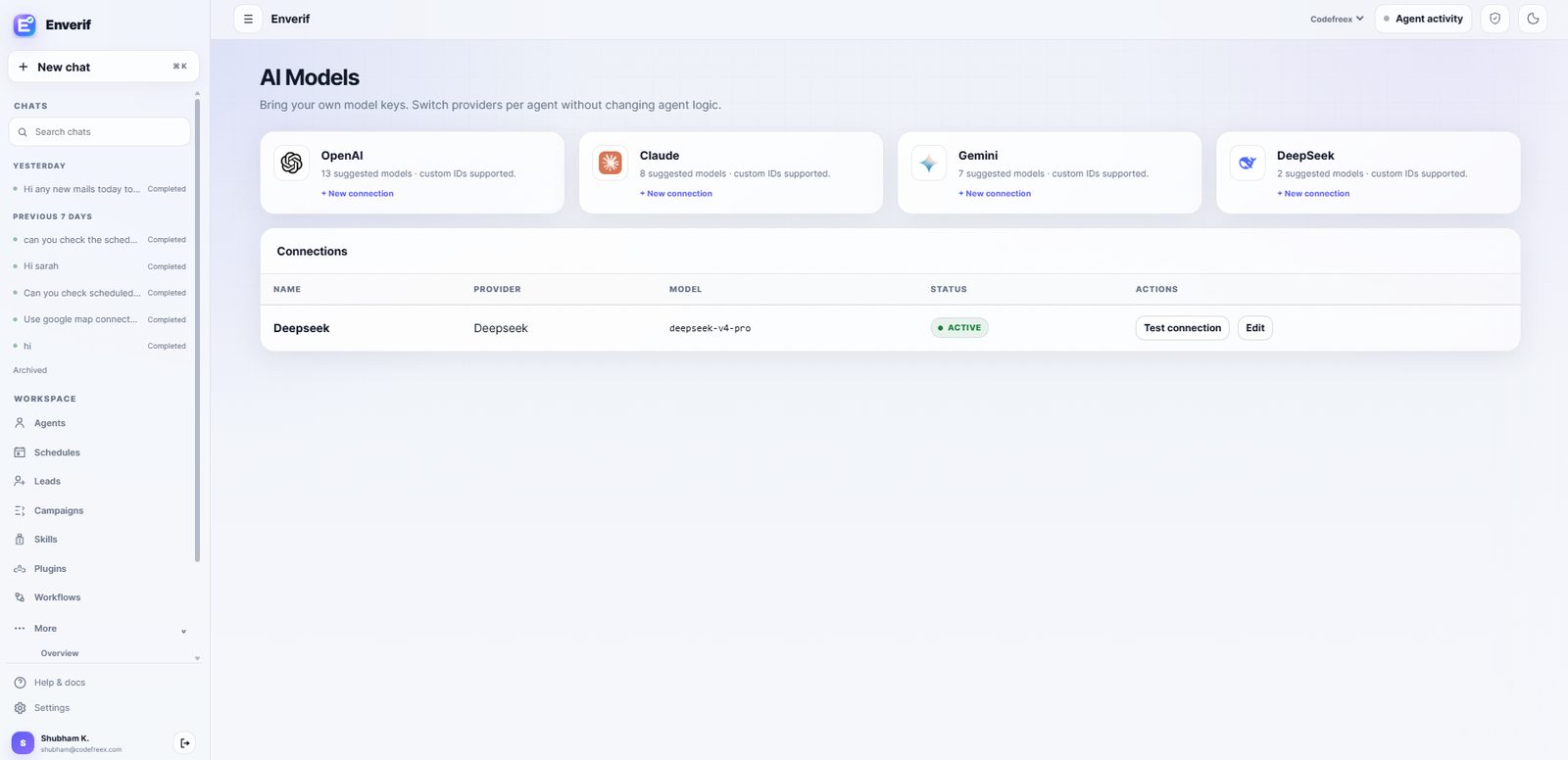 Enverif AI models page with OpenAI, Claude, Gemini and DeepSeek provider connections and an active DeepSeek connection
