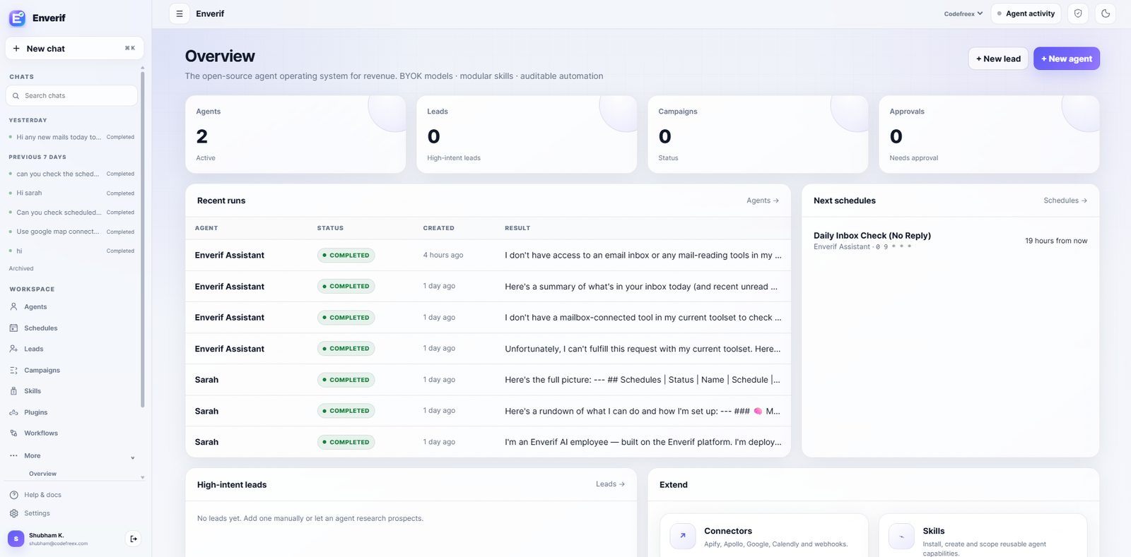 Enverif workspace overview showing agents, leads, campaigns, approvals, recent runs and next schedules