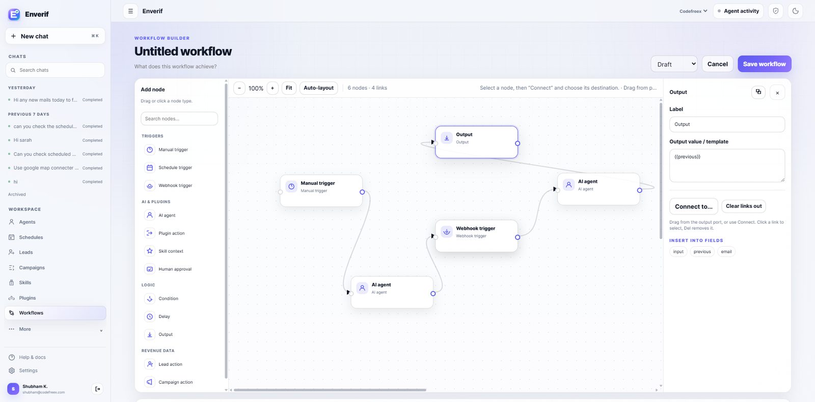 Enverif workflow builder canvas with manual trigger, webhook trigger, AI agent and output nodes plus a node inspector